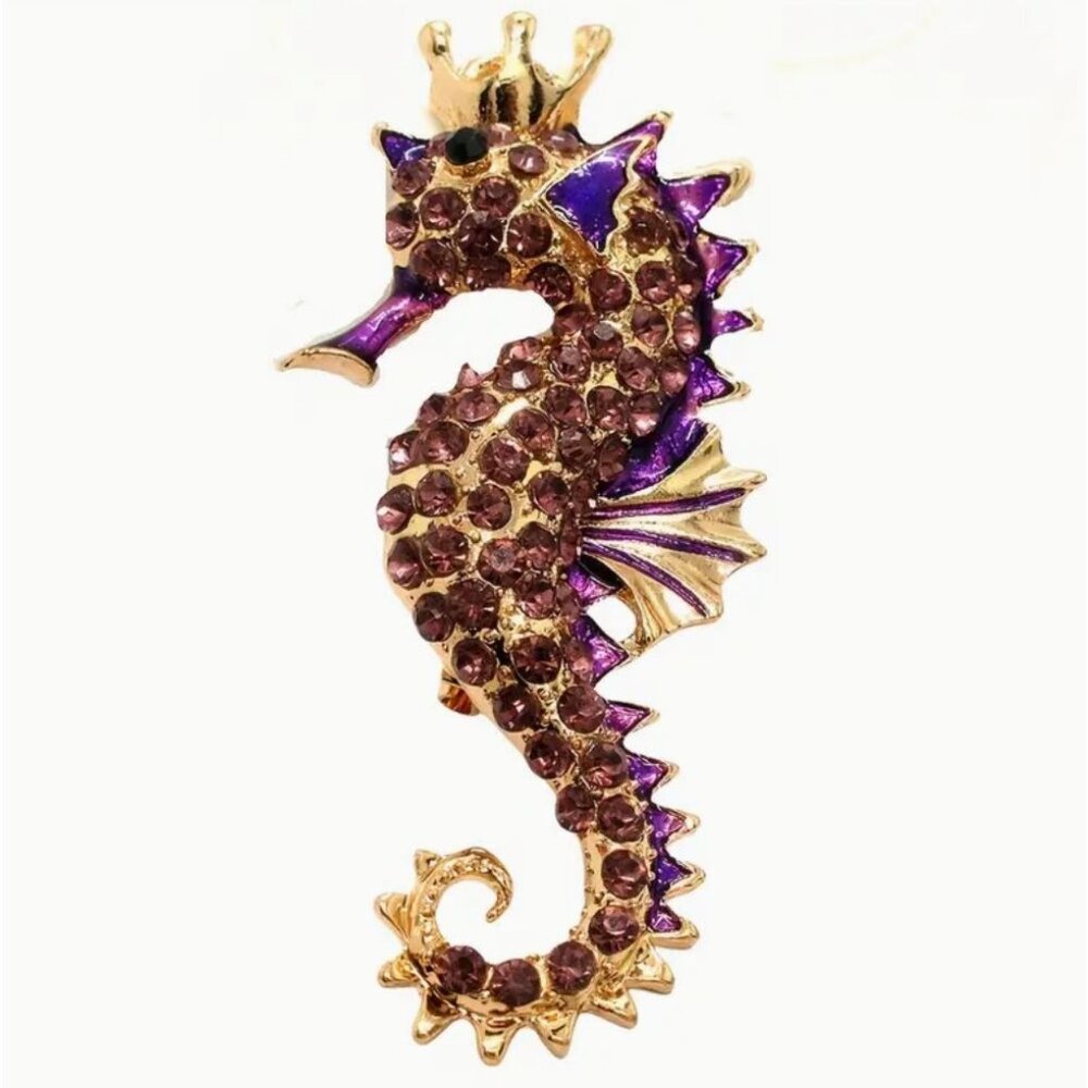 Betsey Johnson Purple Crystal Seahorse Brooch Gold Tone